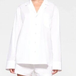 SKIMS Cotton Poplin Sleep Shirt Spa Button Up Long Sleeve Snow Logo White M